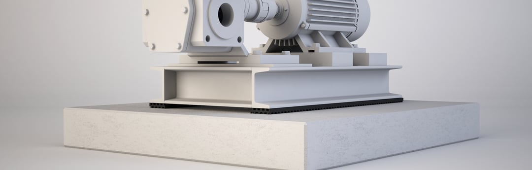 A 3D rendering of a gas compressor rests atop a foundation with fabcel pad installed underneath.