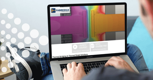 Man sits at computer looking at a screen of aec daily displaying Fabreeka's free course on structural thermal break